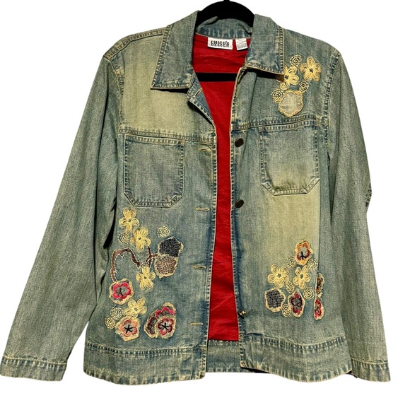 Chico's Jackets & Blazers - Chicos Embroidered Floral Appliqué Denim 100% Cotton Beaded  Button Front Jacket